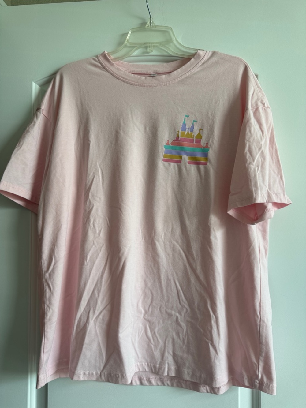 Pink Short Sleeve Tee with Rainbow Castle Graphic